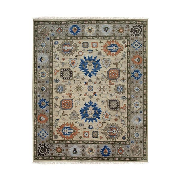 EORC Beige Hand Knotted Wool Traditional Modern Knot Rug, 9' x 12', Area Rug