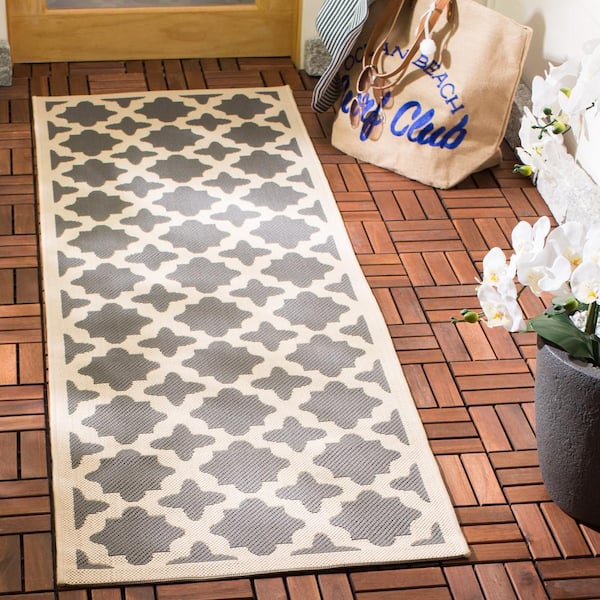Courtyard Anthracite/Beige 2 ft. x 10 ft. Geometric Indoor/Outdoor Patio  Runner Rug