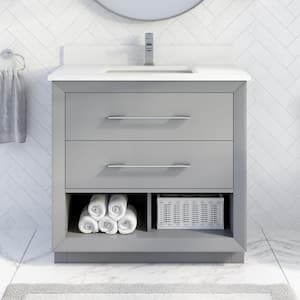 Rio II 36 in. W x 22 in. D Bath Vanity in Gray ENGRD Stone Vanity Top in White with White Basin with Power Bar-Organizer