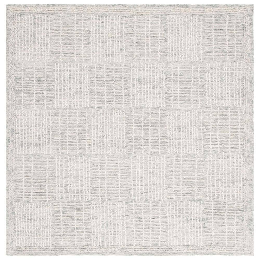 Grey and Ivory Handmade Wool Abstract Tufted Square Rug, 6' x 6'