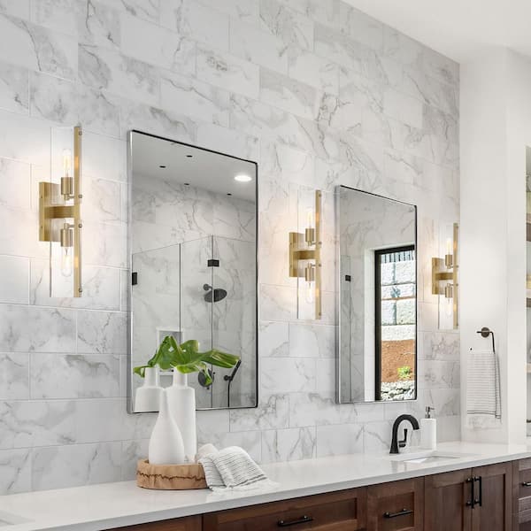 Designers Fountain Latitude 4.5 in. 2-Light Brushed Gold Transitional Wall Sconce with Triangular Clear Glass Shades