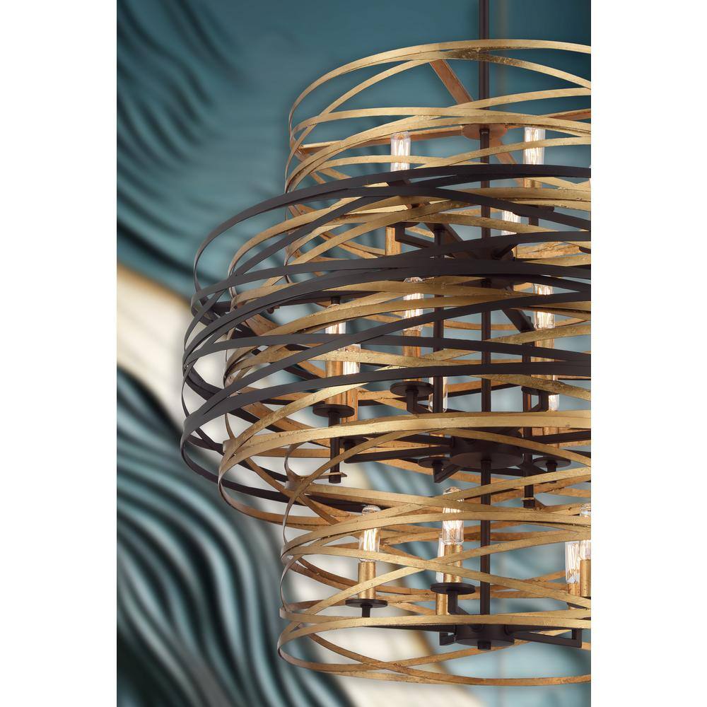 Elegant Dark Bronze and Mosaic Gold Drum Chandelier with 18 Lights
