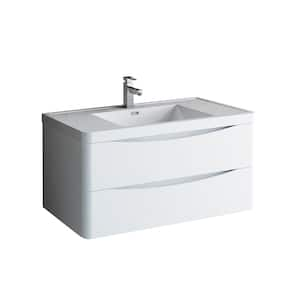 Tuscany 40 in. Modern Wall Hung Vanity in Glossy White with Vanity Top in White with White Basin