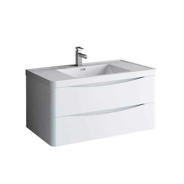 Fresca Tuscany 40 in. Modern Wall Hung Vanity in Glossy White with Vanity Top in White with White Basin