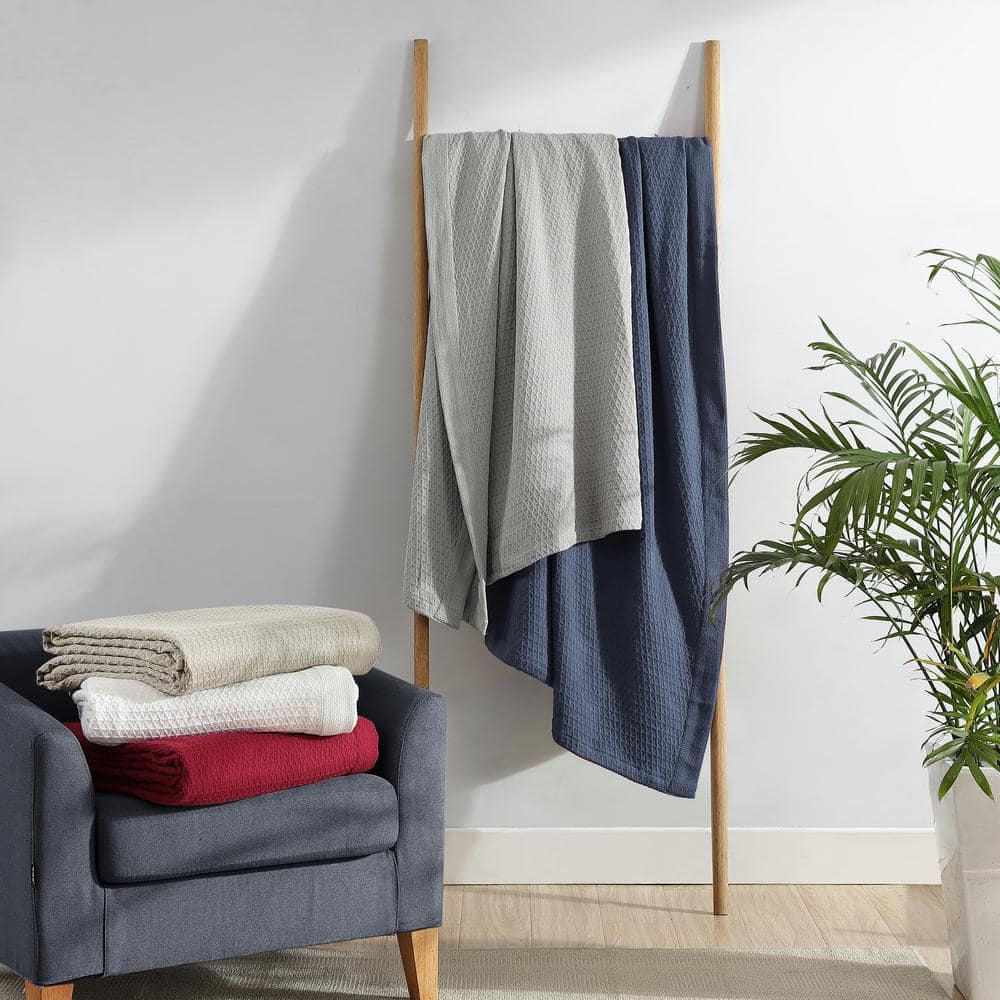 Beige Full Cotton Knitted Reversible Blanket with Textured Accent