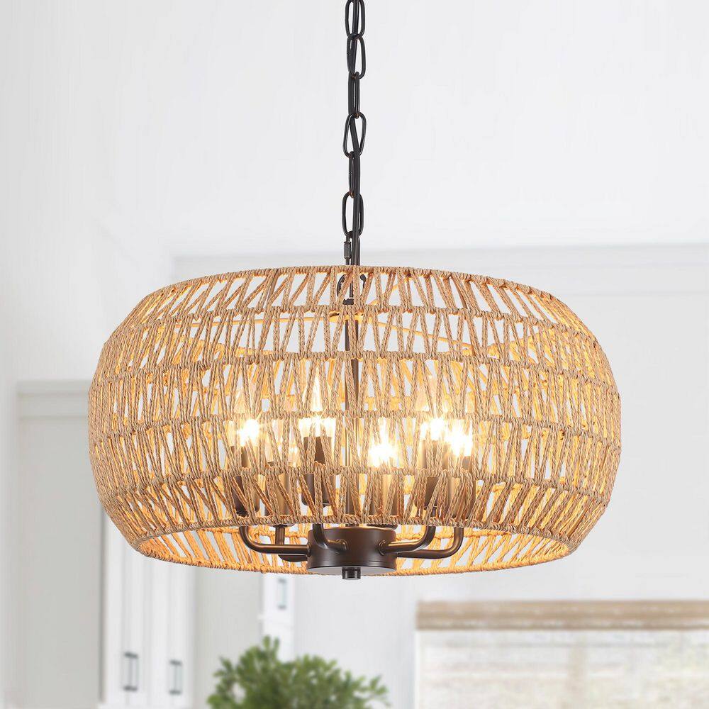 18.89 in. 6-Light Black Round Drum Hemp Rope Rattan Boho Chandelier with Brown Hemp Rope Shade for Foyer Dining Room price history on PriceWatchPro