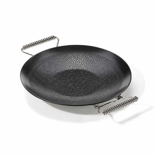 12.8 in Round 3-Ply Composite Steel Nonstick BBQ Grill Pan with Foldable Handle for Open Fire and Gas Stove