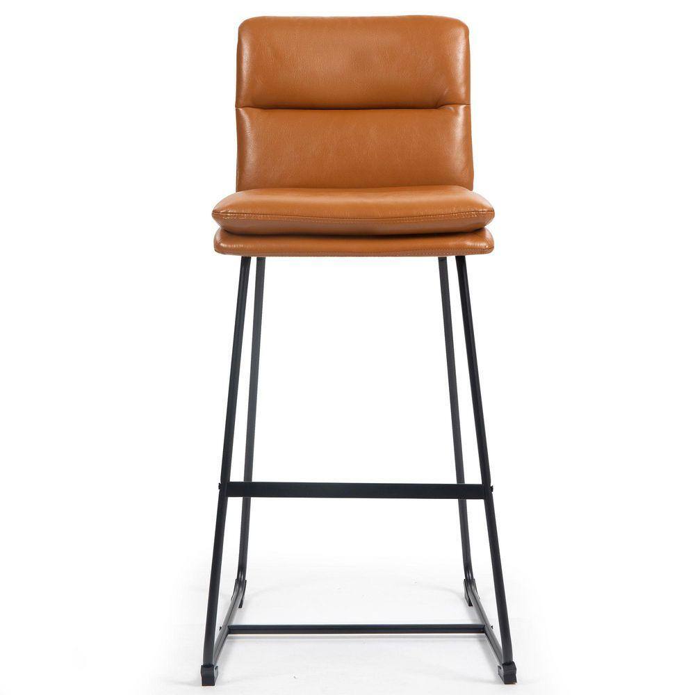Front view of a light brown upholstered bar stool with a black metal frame.