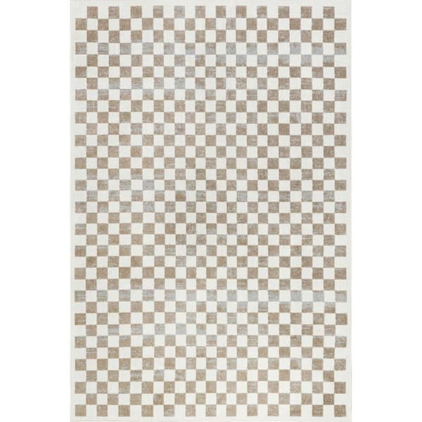Finley Retro Checkered Washable Beige 5 ft. x 7.6 ft. Indoor Area Rug