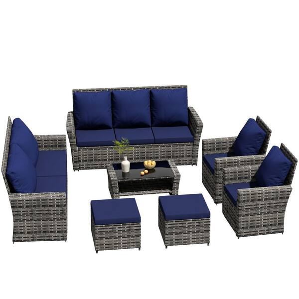 7 Pieces Rattan Outdoor Conversation Set with Blue Cushions, 9 Seater