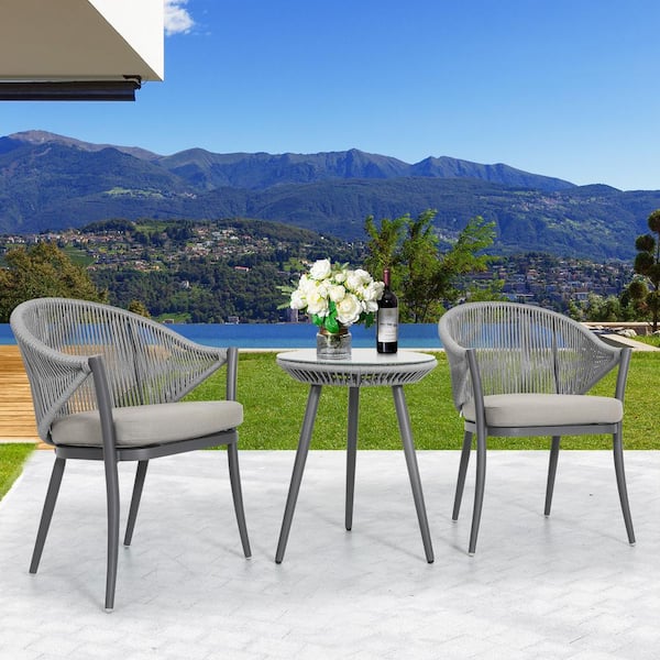 3-Piece Aluminum Outdoor Bistro Set with Grey Cushion