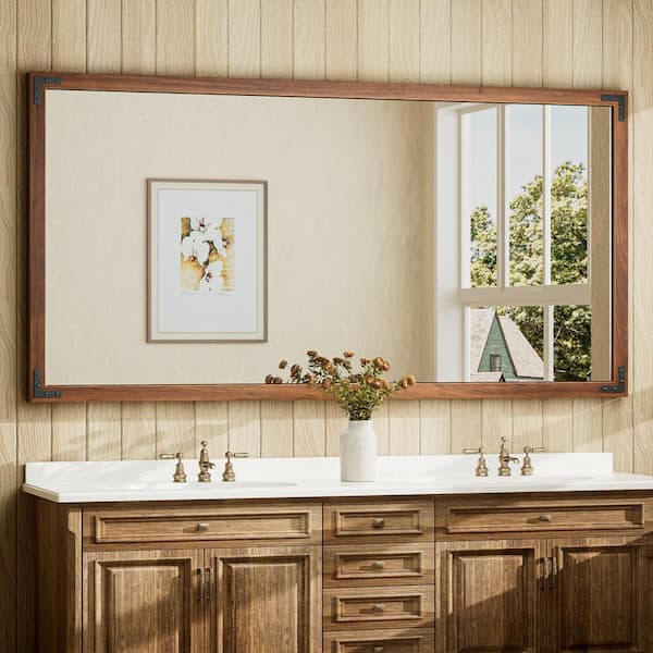 72 in. W x 36 in. H Large Rectangular Rustic Wood Framed Farmhouse Wall Bathroom Vanity Mirror in Brown