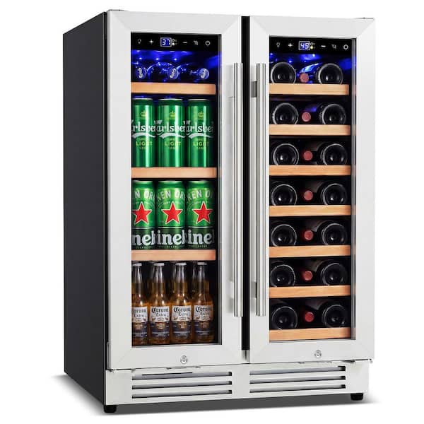 24 in. Dual Zone French Door 20 Bottle and 85 Can Beverage & Wine Cooler in Silver with 10 Removable Beechwood Shelves