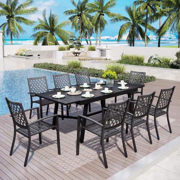 9-Piece Metal Outdoor Dining Set with Extensible Rectangular Table and Stackable Chairs