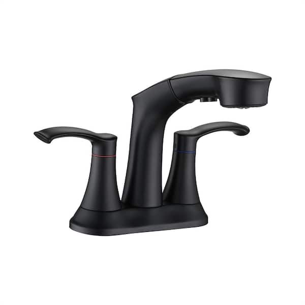 FLG 4 in. Centerset Double Handle High Arc Bathroom Faucet with Pull Out Sprayer Stainless Steel Sink Faucets in Matte Black