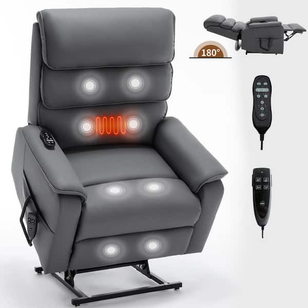 Grey Cat-Proof Leather Dual Motor Power Lift Recliner Chair with Heat and Massage, Infinite Position, 350 lbs Capacity