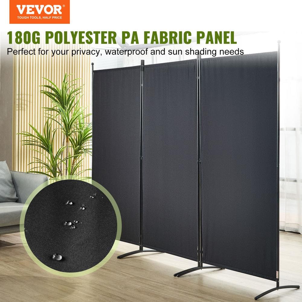 Black 6.1 ft Foldable Fabric 3-Panel Room Divider