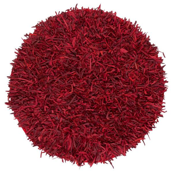 Leather Shag 5 ft. x 5 ft. Round Red Solid Color Gradient Area Rug