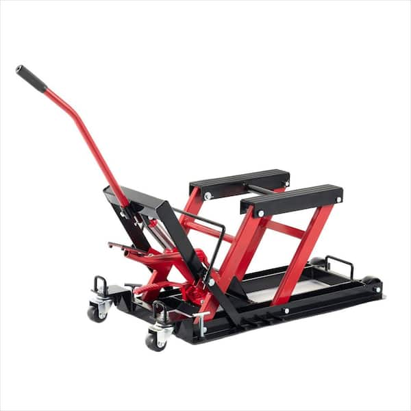 Red & Black Hydraulic Motorcycle Lift Jack 1500 lbs. Capacity Steel ATV Lift with Wheels and Handle