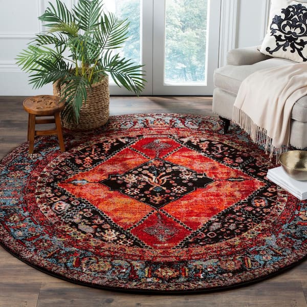 Vintage Hamadan Orange/Multi Doormat 3 ft. x 3 ft. Distressed Border Round Area Rug