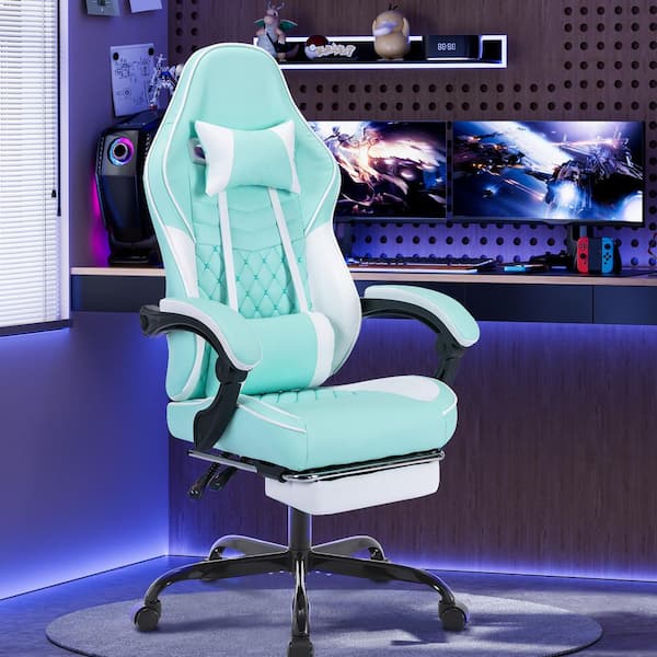 Ellie Faux Leather Swivel High Back Gaming Chair in Green with Footrest, Massage Lumbar Pillow, Ergonomic Office Chair