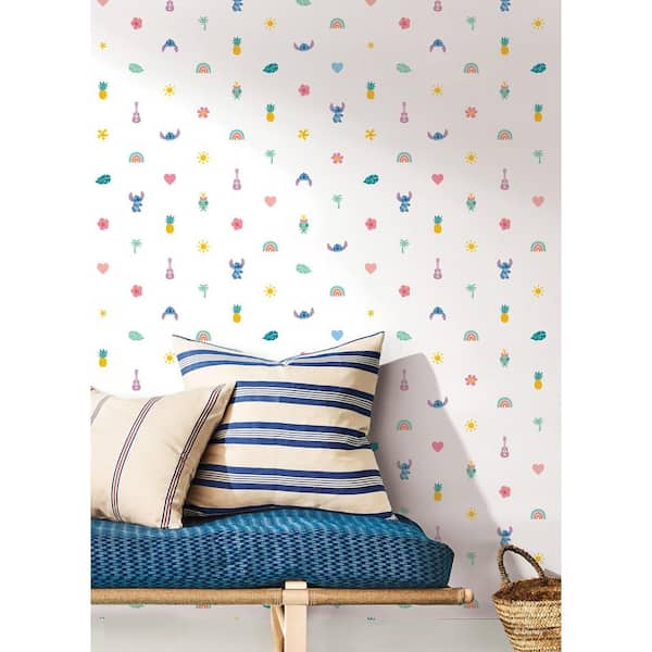 White Disney Stitch Aloha Mini Print Blue and Pink Peel and Stick Wallpaper Roll
