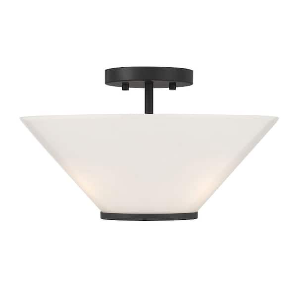 Savoy House Blair 15 in. 3-Light Matte Black Transitional Convertible Semi-Flush Mount or Hanging Pendant with Strie Glass Shade