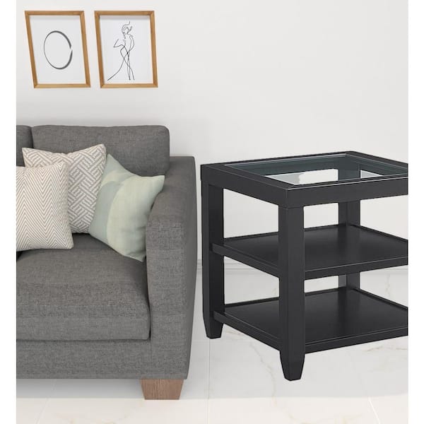 HomeRoots Charlie 24 in. Black Square Glass End Table with Shelves