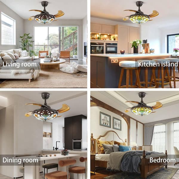 Tiffany 36 in. Indoor Brown Retractable Stained Glass Chandelier Ceiling Fan with Dimmable LED with Remote Included