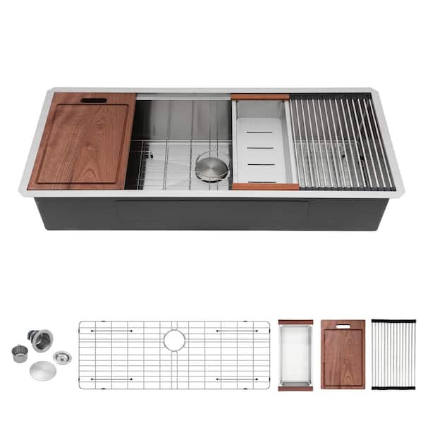 LORDEAR 45 in. x 19 in. Undermount Single Bowl 16 Gauge Stainless Steel Workstation Kitchen Sink Bottom Grid and Strainer Basket