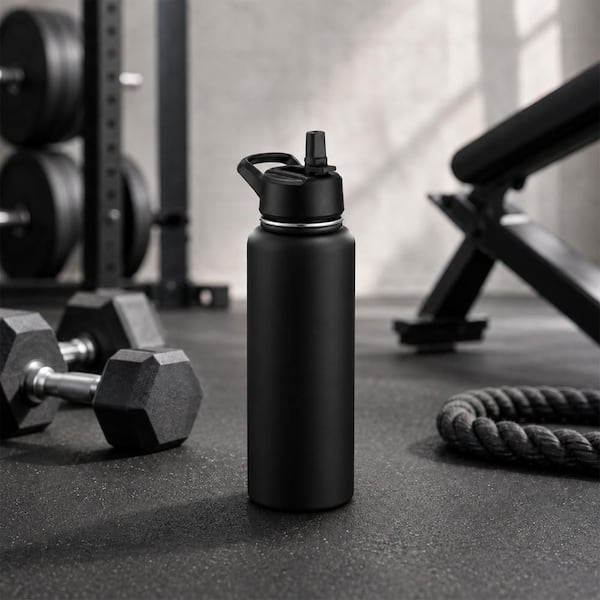 40 oz. Black Stainless Steel, Insulated Water Bottle with 3 Lids