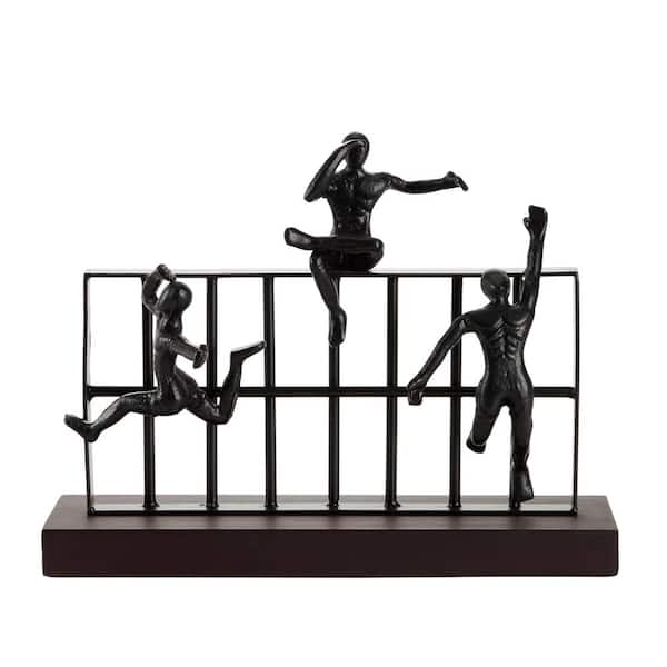 Litton Lane 14 in. x 11 in. Rectangular Black Metal And Wood Sculpture With Attached Climbing Figures