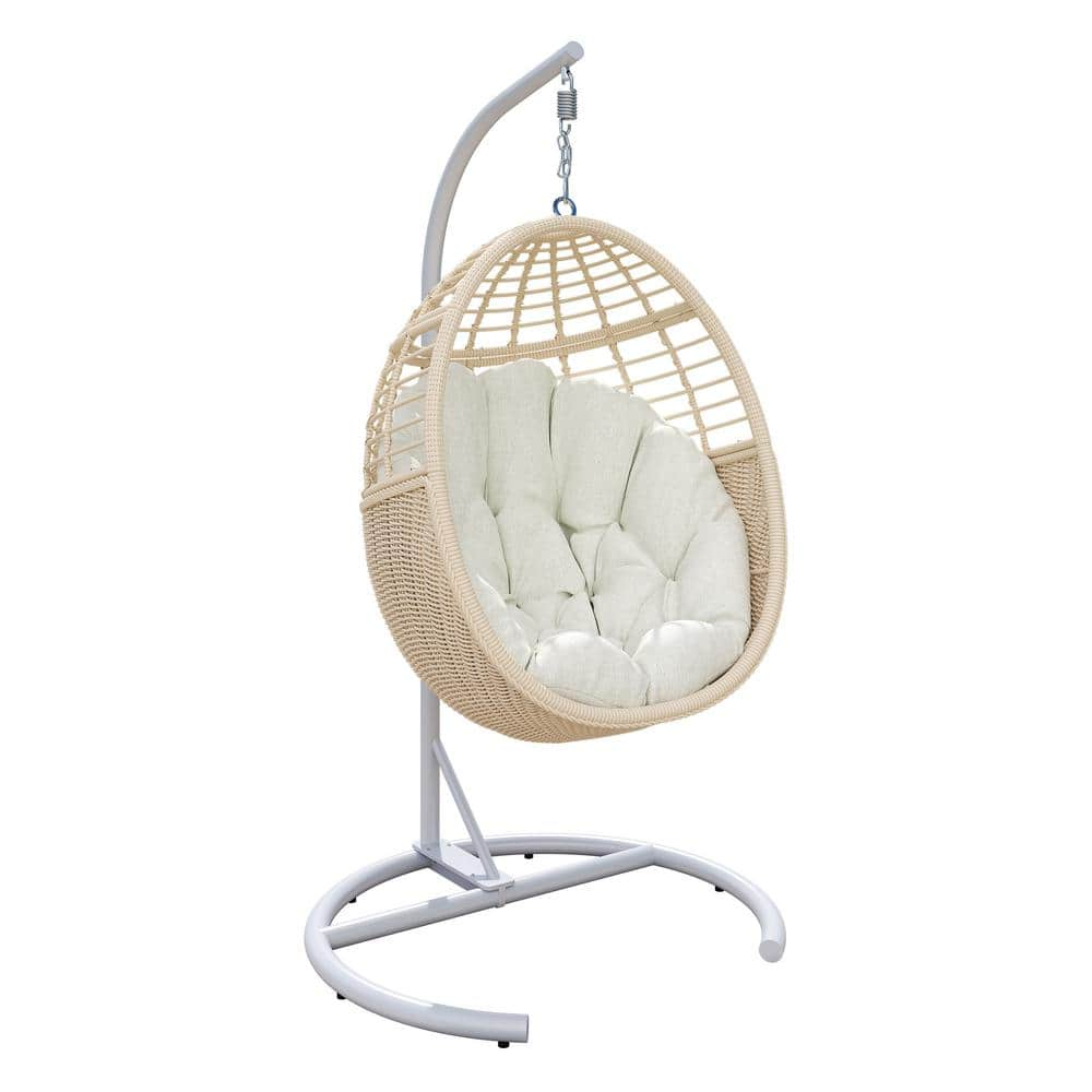 37 in. W Beige Wicker Rattan Freestanding Patio Swing Egg Chair CushionStand -  TWT, TWTDLBS