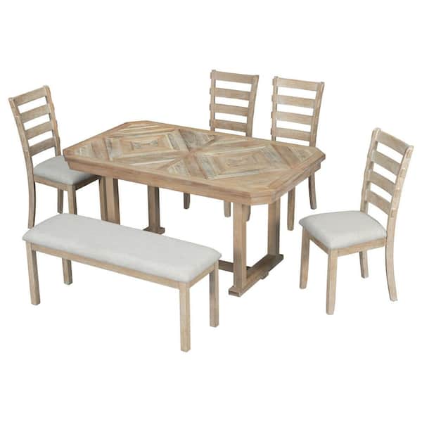 6-Piece Natural Wood Wash Wood Top Dining Room Set Seats 5