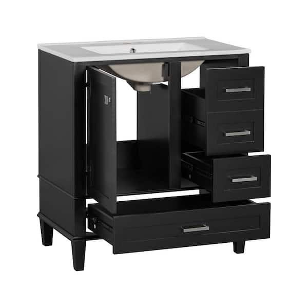 30 in. Single Sink Classic Black Cabinet Bath Vanity with White Ceramic Top, Soft Closing Door and 3-Drawers