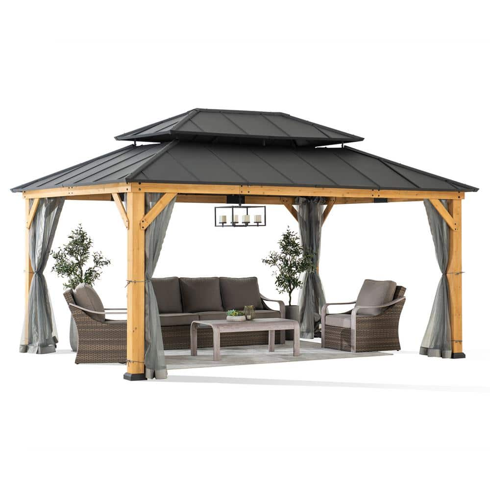 Sunjoy 12 Ft. X 16 Ft. Outdoor Patio Steel Hardtop Gazebo, Cedar Framed ...