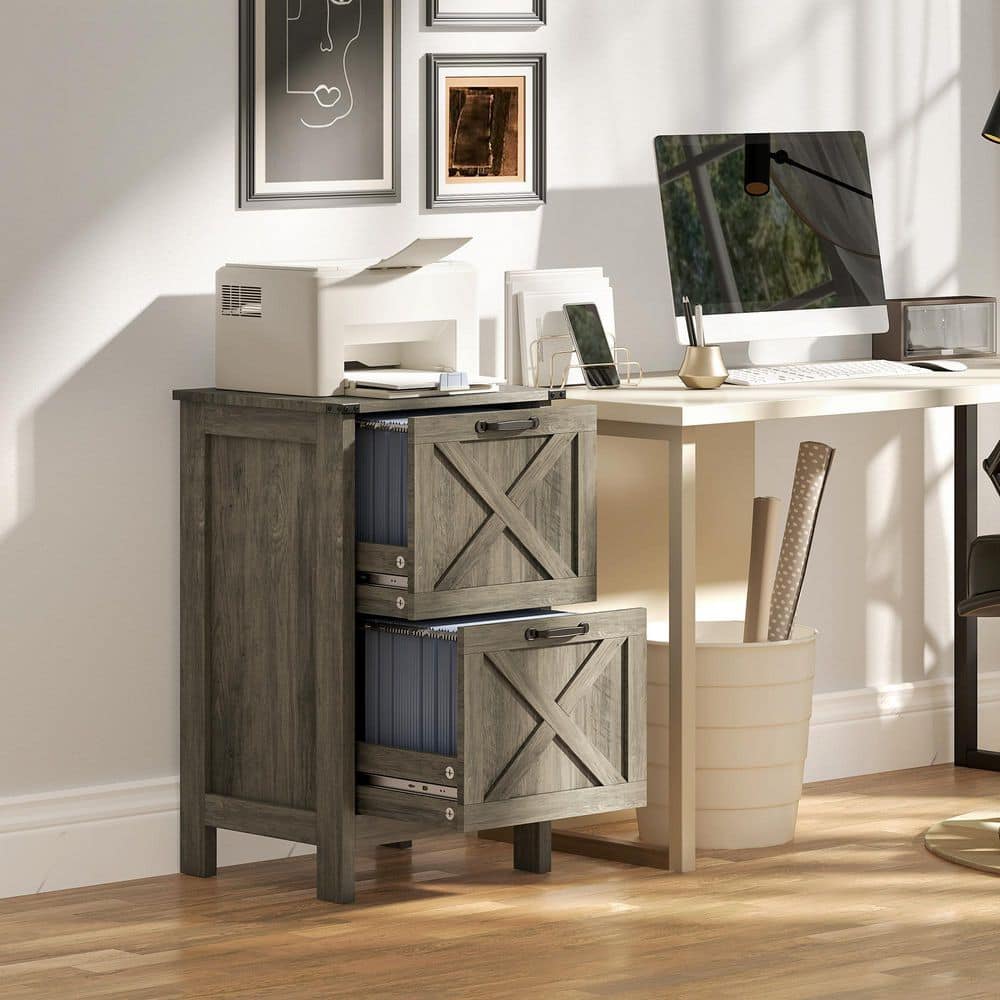 HOMCOM 2 Drawer Vertical File Cabinet with Silent Slides, Rustic Farmhouse Filing Cabinet with Barn Doors for A4/Letter Size