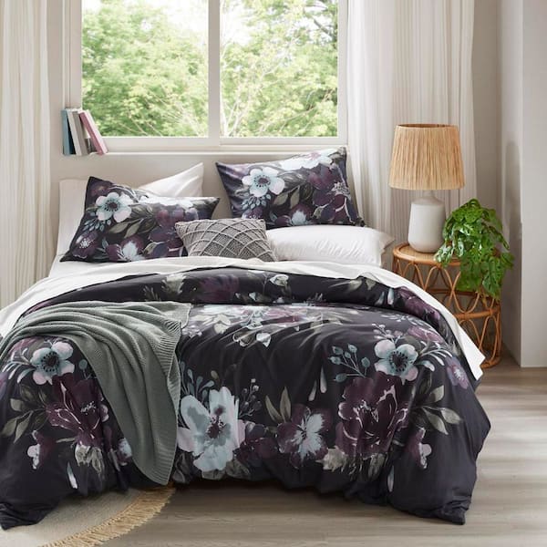 Rita 3-Piece Dark Grey/Plum Floral Cotton Full/Queen Duvet Cover Set