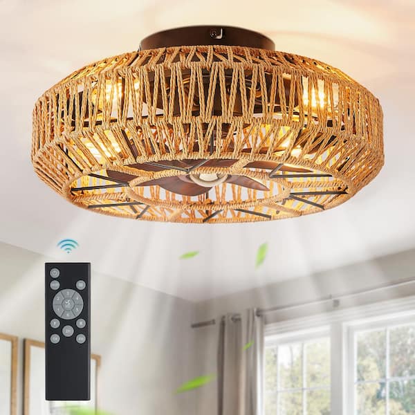 20 in. Indoor Rattan Brown Caged Ceiling Fan with Lights and Remote Farmhouse Ceiling Fan
