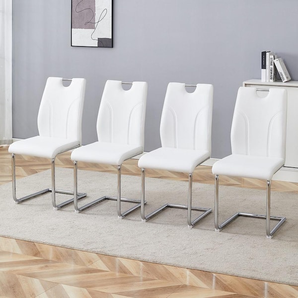 Polibi White PU Leather Upholstered Dining Chairs with Silver Metal Legs (Set of 4)