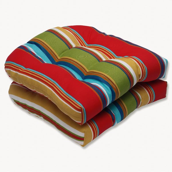 Pillow Perfect Striped 19 in. x 19 in. Outdoor Dining Chair Cushion in Red/Blue (Set of 2)