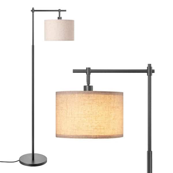 EDISHINE 63 in. Black 1-Light Arched Floor Lamp for Living Room with Fabric Drum Shade