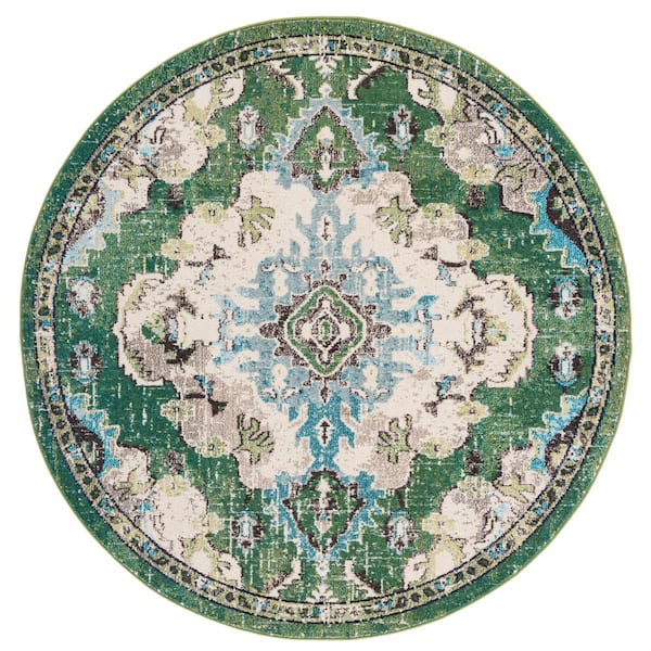 SAFAVIEH Madison Green/Light Blue 5 ft. x 5 ft. Border Floral Oriental Round Area Rug
