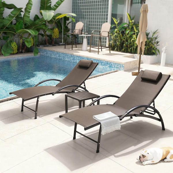 Pellebant 3-Piece Aluminum Adjustable Outdoor Chaise Lounge in Brown with Headrest and Aluminum Side Table