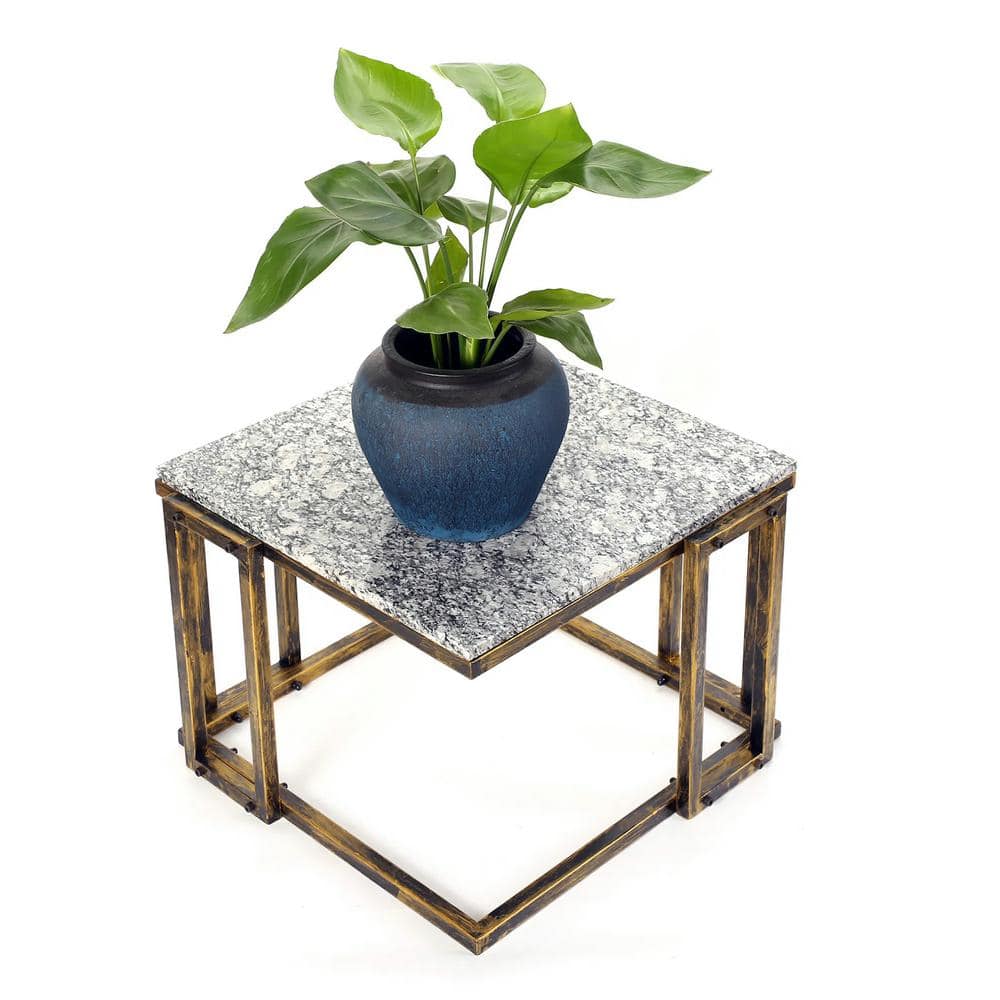 14.5" Granite Marble Black and Gold Metal Plant Stand