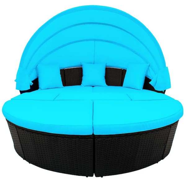 Tatayosi Adjustable Height Canopy Wicker Outdoor Lounge Chair with Cushion Guard Blue Cushion of (6-Pack)