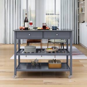 Gray Rolling Kitchen Cart with Stainless Steel Top and Locking Wheels