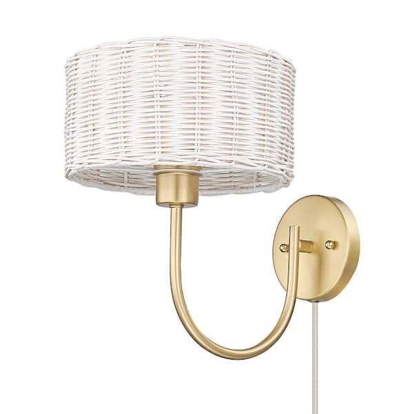 Golden Lighting Erma 1-Light Brushed Champagne Bronze Wall Sconce with White Wicker Shade