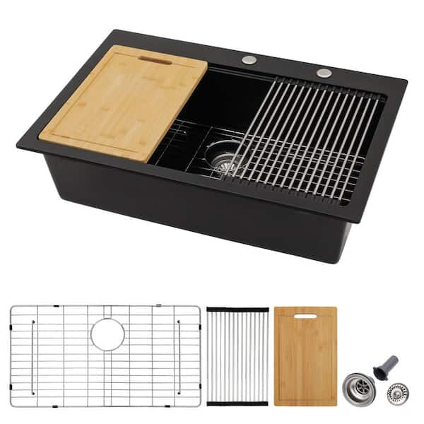 33 in. Drop In Single Bowl Black Quartz Composite Workstation Kitchen Sink with Bottom Grids and Strainer