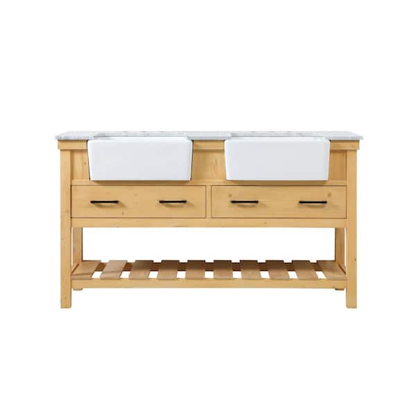 Unbranded Timeless Home 60 in. W x 22 in. D x 34.13 in. H Double Bathroom Vanity Side Cabinet in Natural Wood with Marble Top